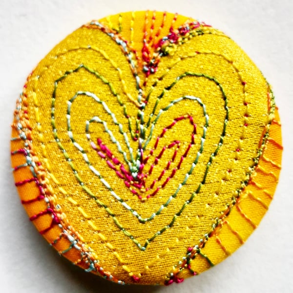 38mm Hand Dyed Fabric Heart Badge with Free Machine Embroidery 