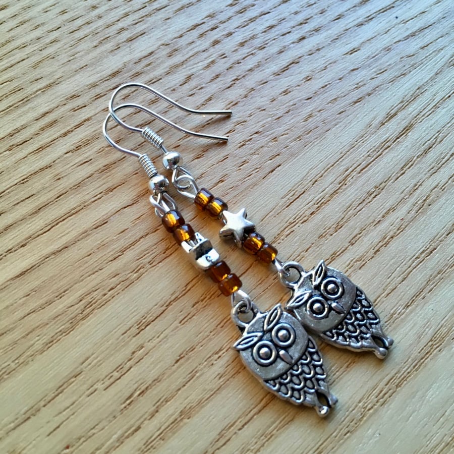 Brown Owl Charm Earrings, Gift for Her, Nature Lover Present