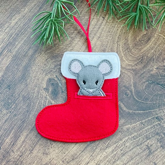 Mouse In A Stocking Christmas Personalised Hanging Decoration