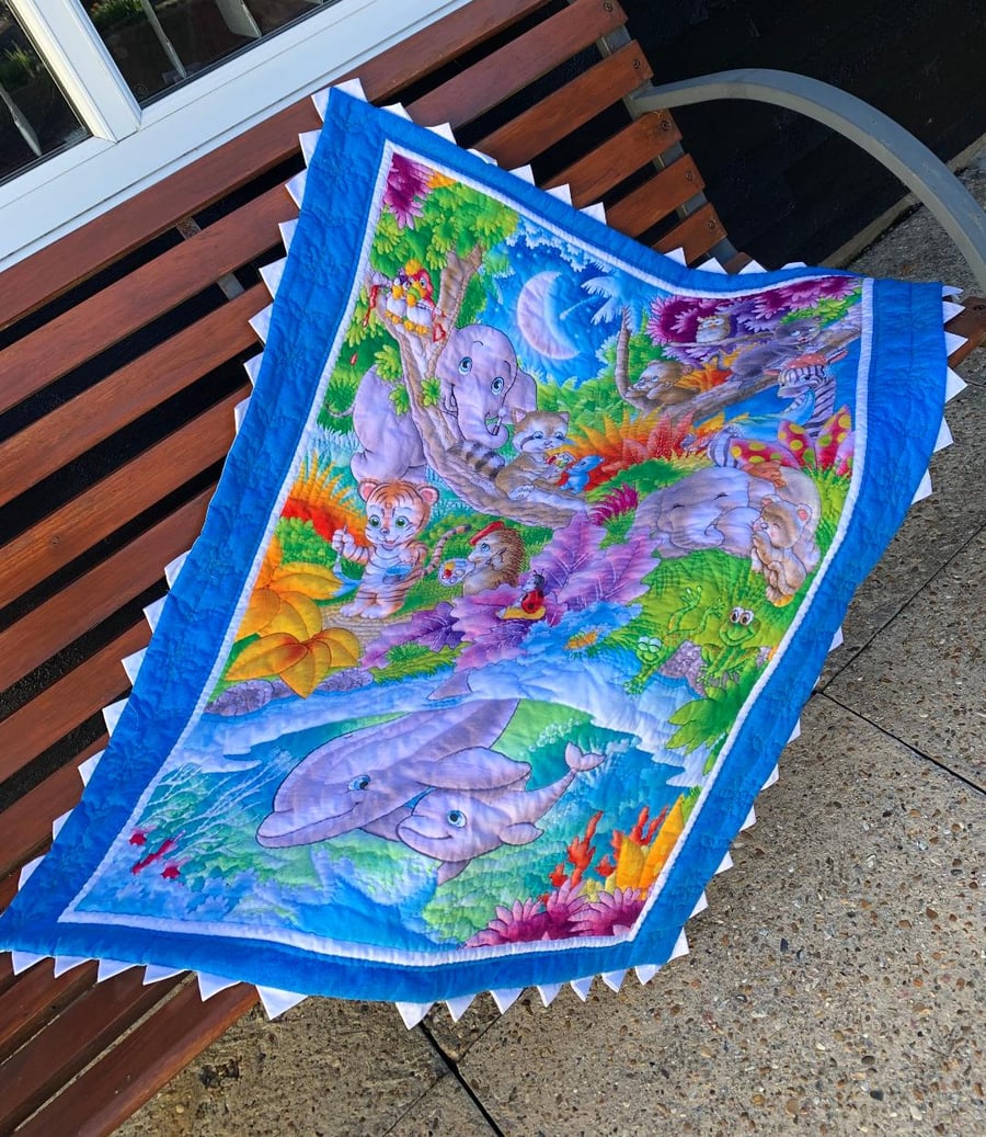 Hand Quilted Jungle Fun quilt or Play-mat