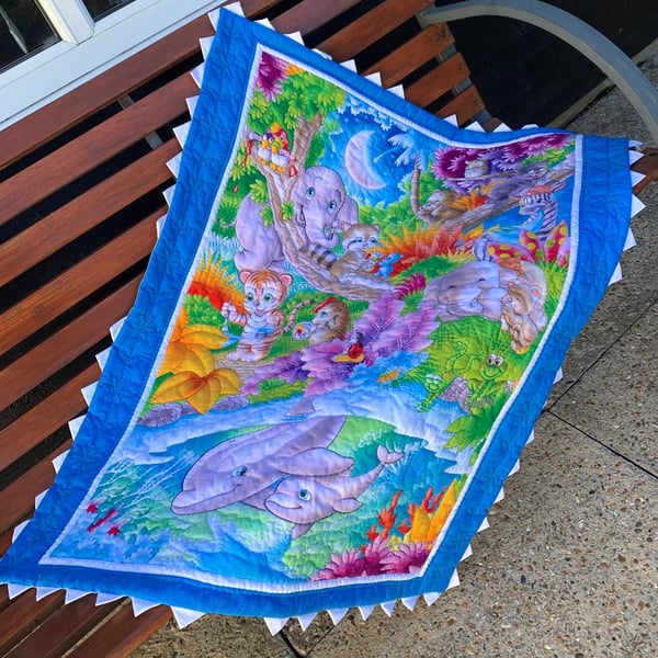 Hand Quilted Jungle Fun quilt or Play-mat