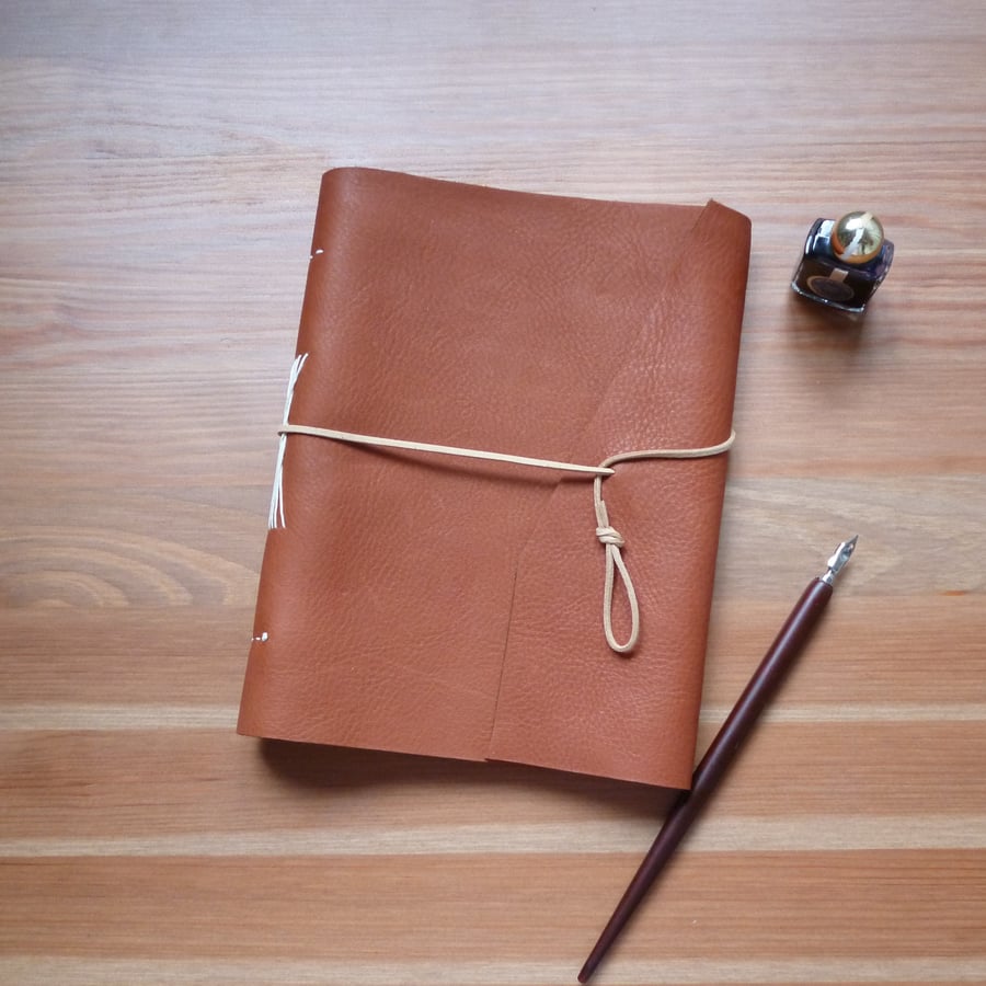 A5 hand bound leather journal, upcycled leather notebook, warm brown leather