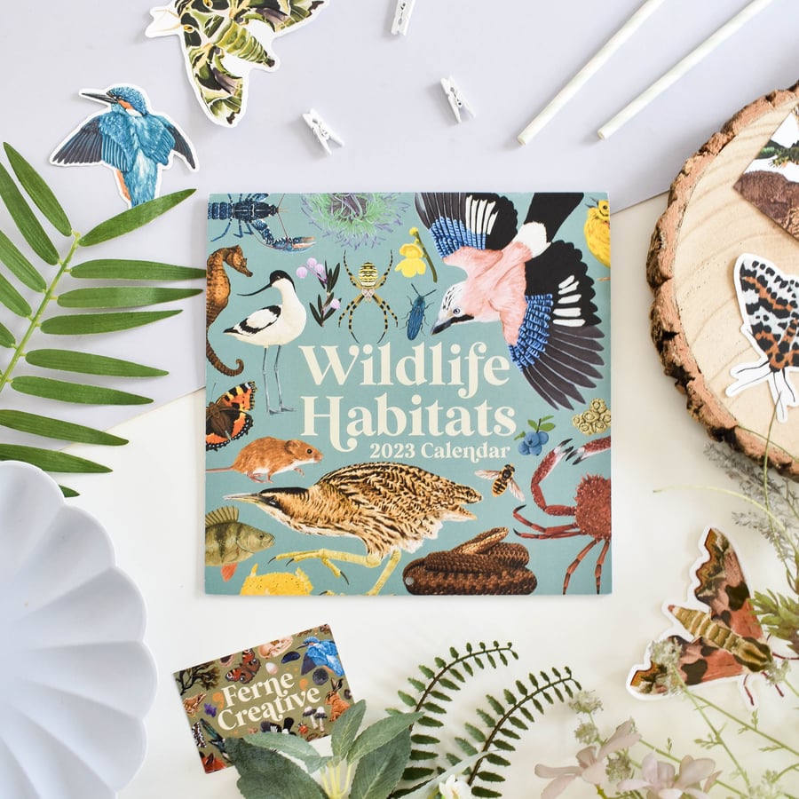 British Wildlife Habitats illustrated calendar 2023, Recycled paper, square wall