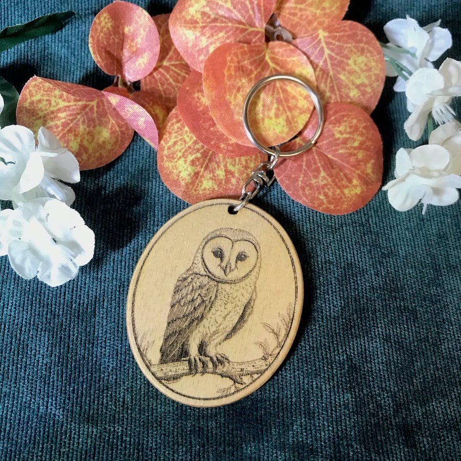 Barn Owl keyring, laser engraved wildlife keyring, nature lovers gift, 