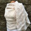 Unique Hand Knitted Crescent Lace Shawl in Cream Soft Wool Yarn 