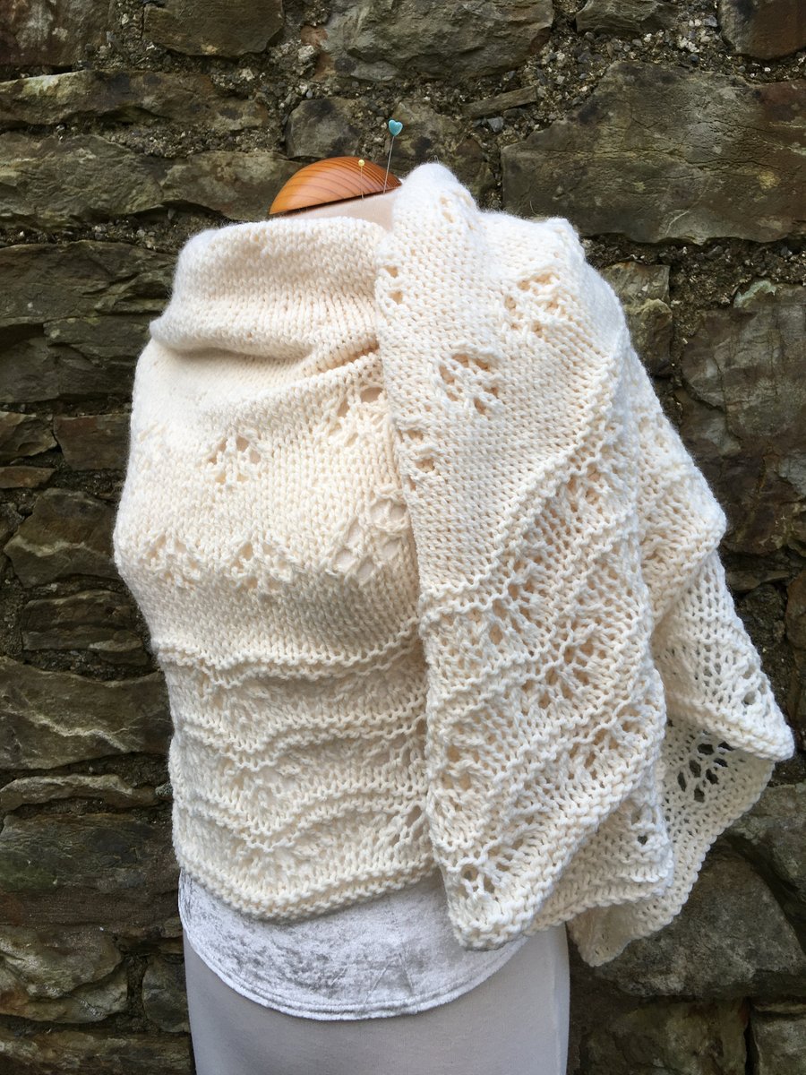 Unique Hand Knitted Crescent Lace Shawl in Cream Soft Wool Yarn 