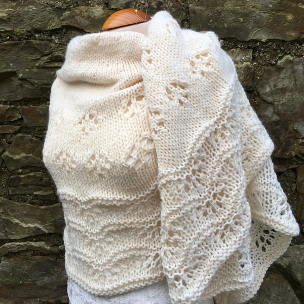 Unique Hand Knitted Crescent Lace Shawl in Cream Soft Wool Yarn 
