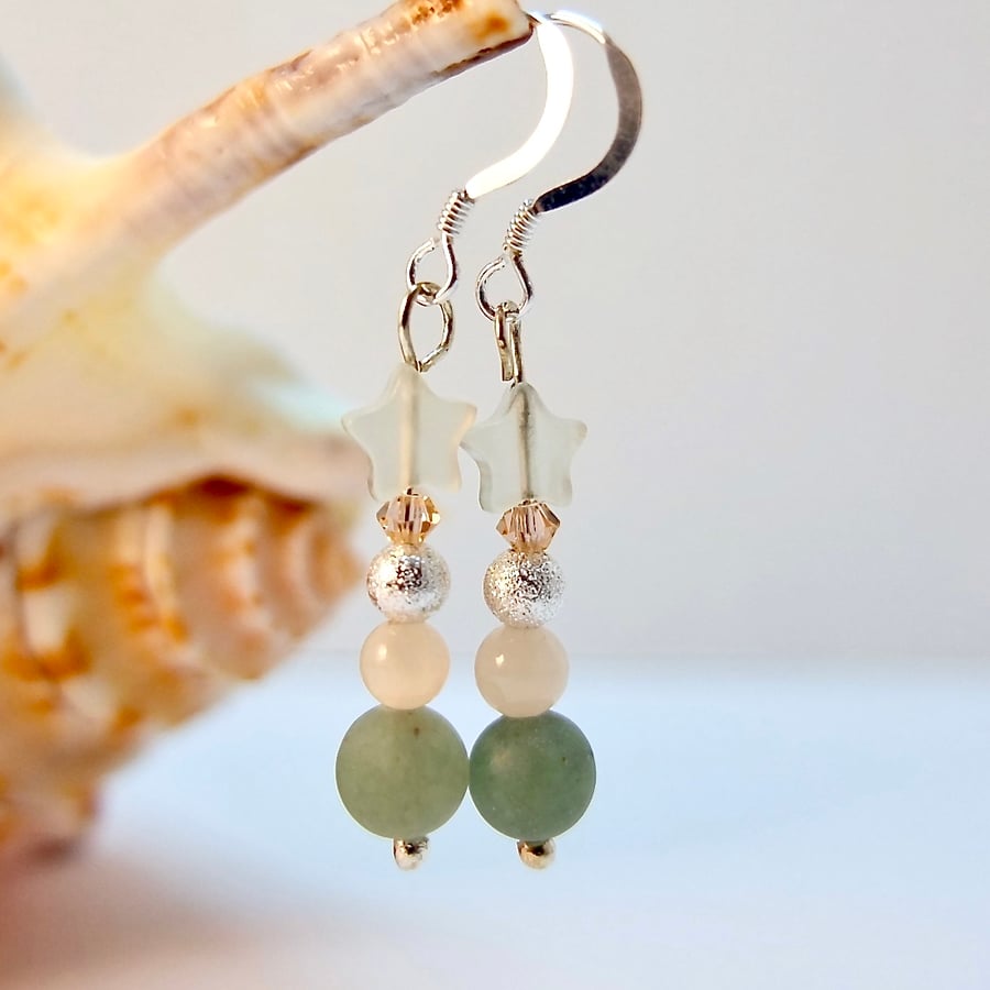 Green Aventurine, Jade and Swarovski Crystal Sterling Silver Earrings.