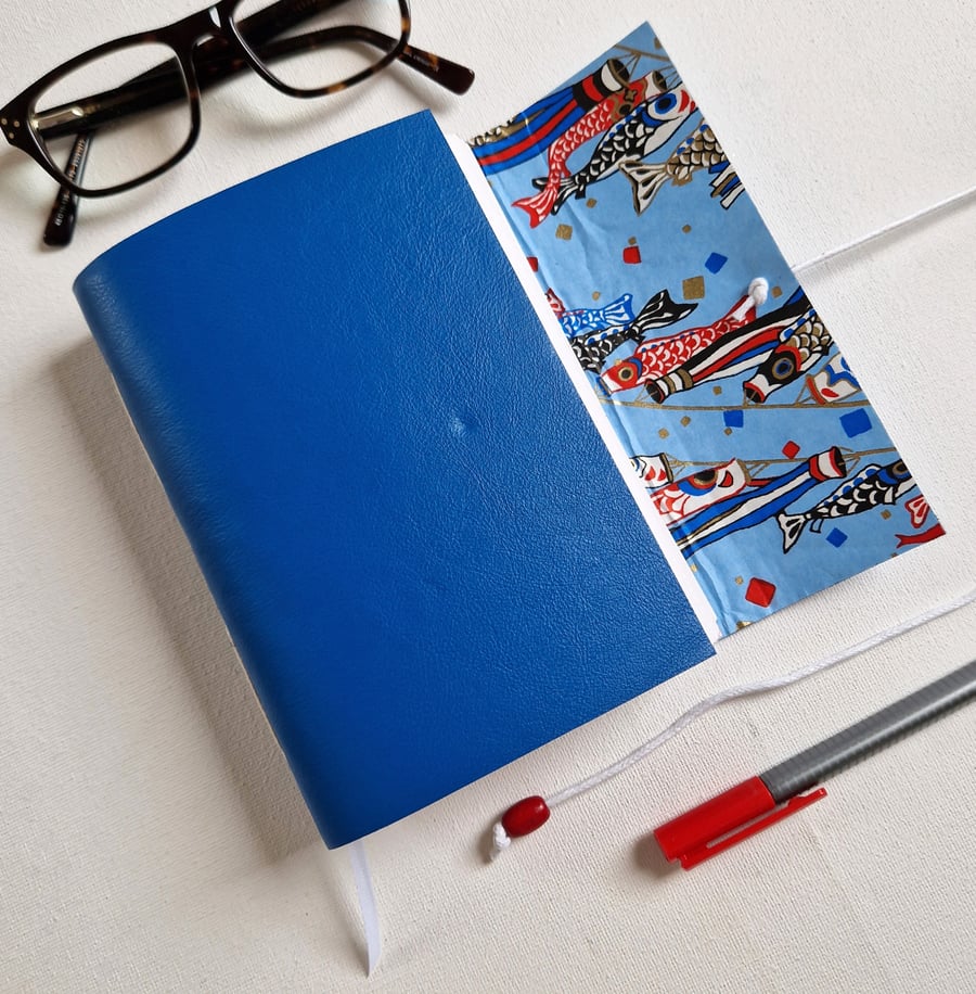 Chiyogami Carp Kite Journal, Hand Bound in Blue Leather, Stationery Lover Gift
