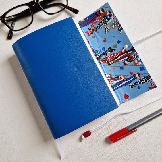 Chiyogami Carp Kite Journal, Hand Bound in Blue Leather, Stationery Lover Gift