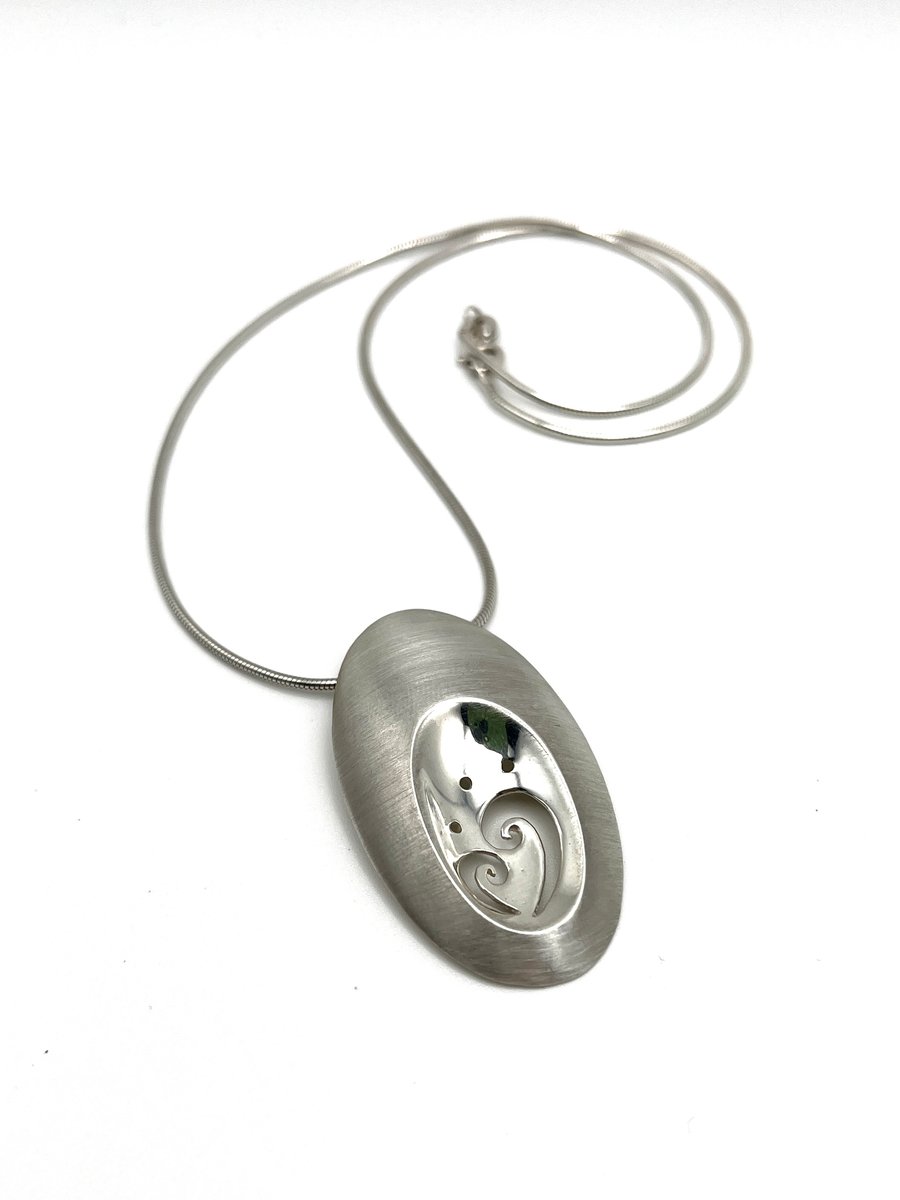 Sterling Silver Large Domed Oval with Swirl Detail Pendant Necklace