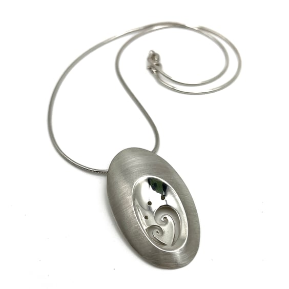 Sterling Silver Large Domed Oval with Swirl Detail Pendant Necklace