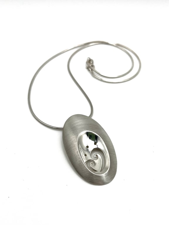 Sterling Silver Large Domed Oval with Swirl Detail Pendant Necklace