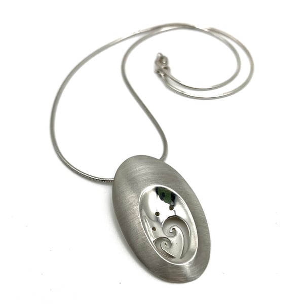Sterling Silver Large Domed Oval with Swirl Detail Pendant Necklace
