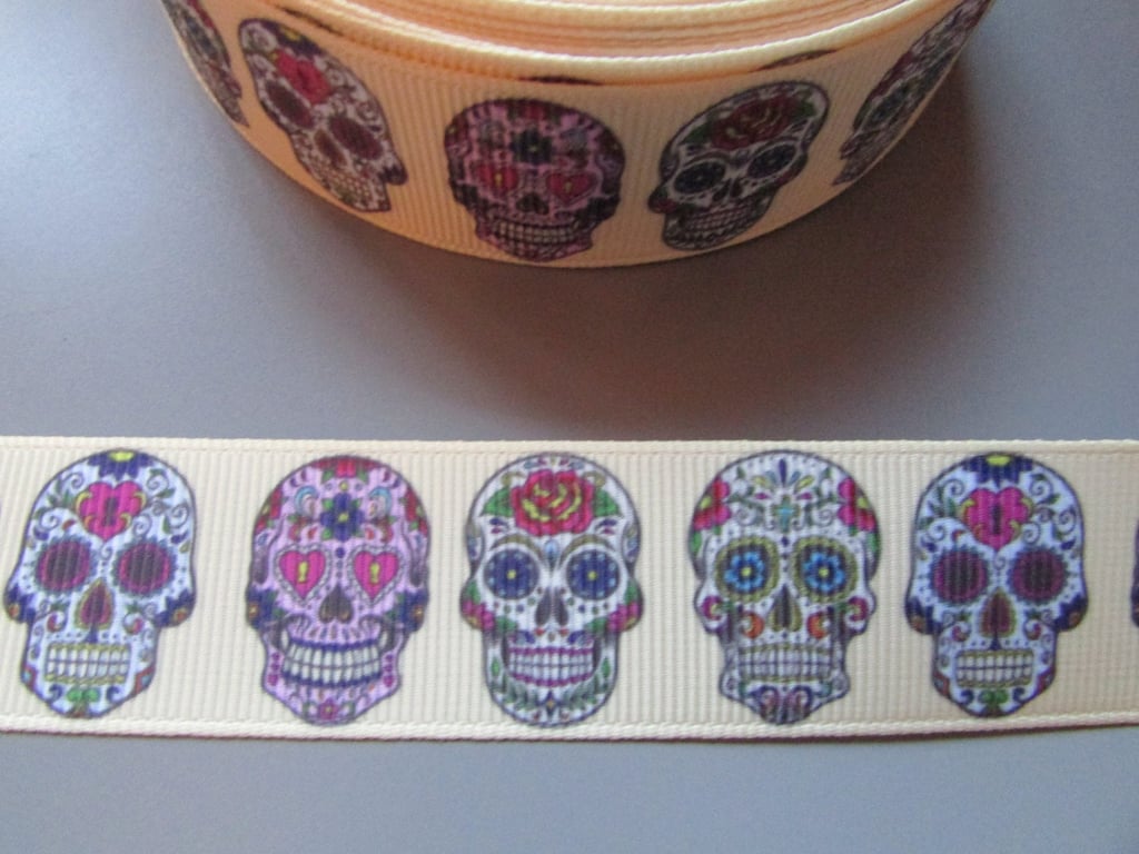Gold Sugar Skull Calaveras Day of the dead Grosgrain Ribbon x 1 metre