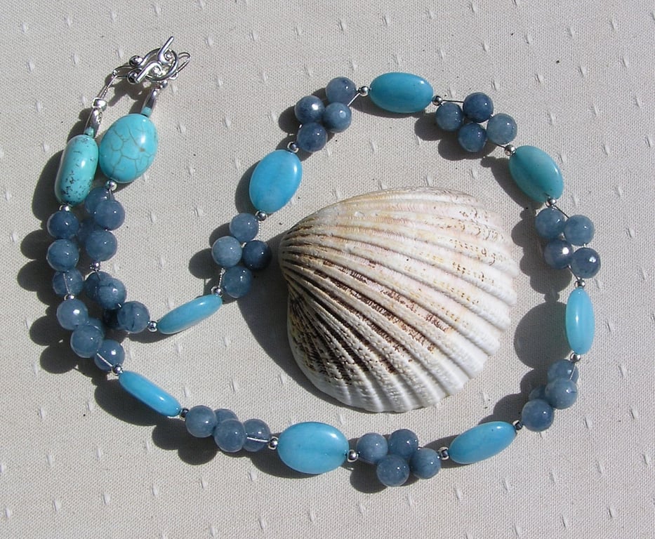Aquamarine & Amazonite Gemstone Beaded Statement Necklace "Tropical Tide"