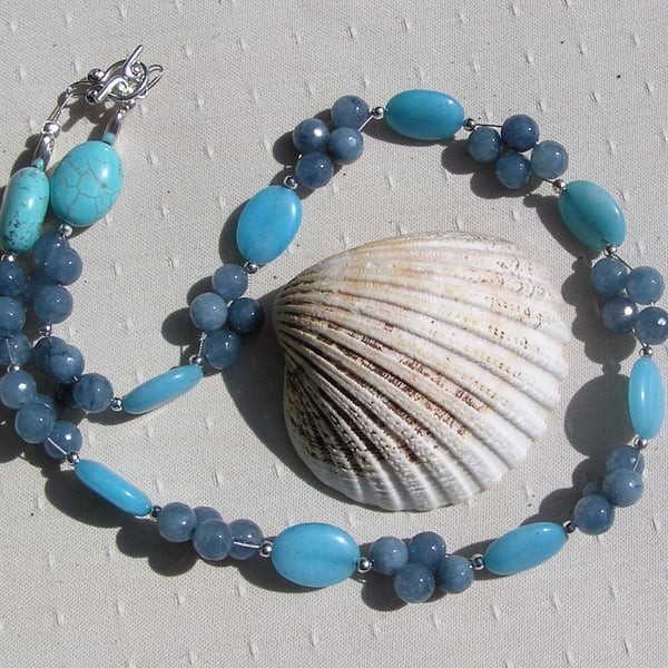 Aquamarine & Amazonite Gemstone Beaded Statement Necklace "Tropical Tide"