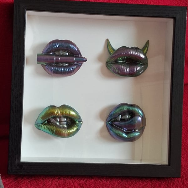Handmade epoxy resin 'lips' pop art in frame