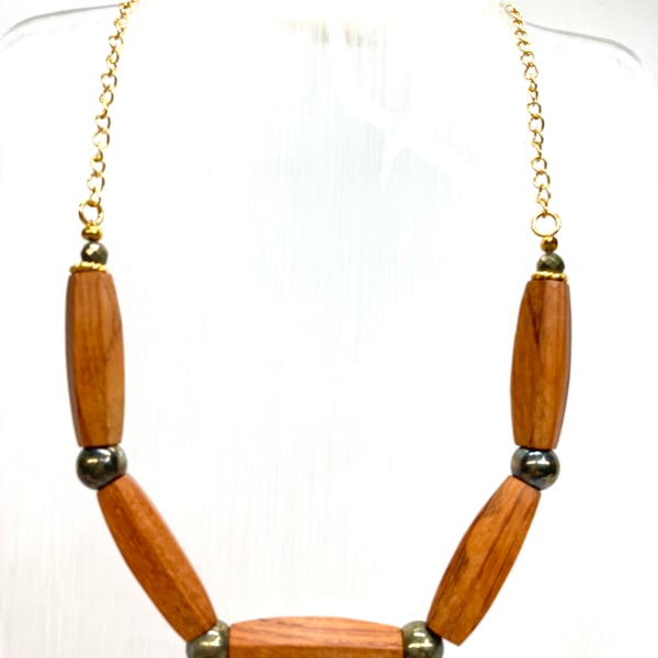 Bayong Wood Bead and Hematite Bead Gold Plated Fine Chain necklace (Unisex)