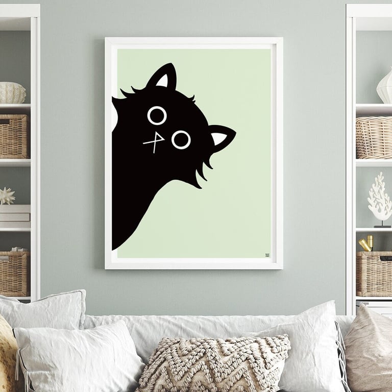 Black Cat Art Print, Nosey Cat, Cute Cat Wall Art, Cat Decor, Peeking Cat 2