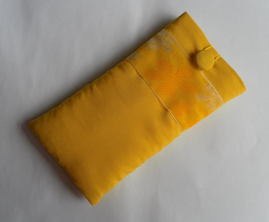  Glasses Case, Vibrant Yellow, Floral Ribbon Trim and Hand Made Button
