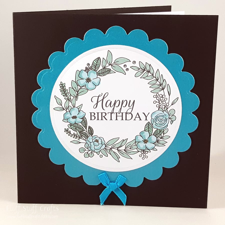 Handmade birthday card - turquoise floral wreath
