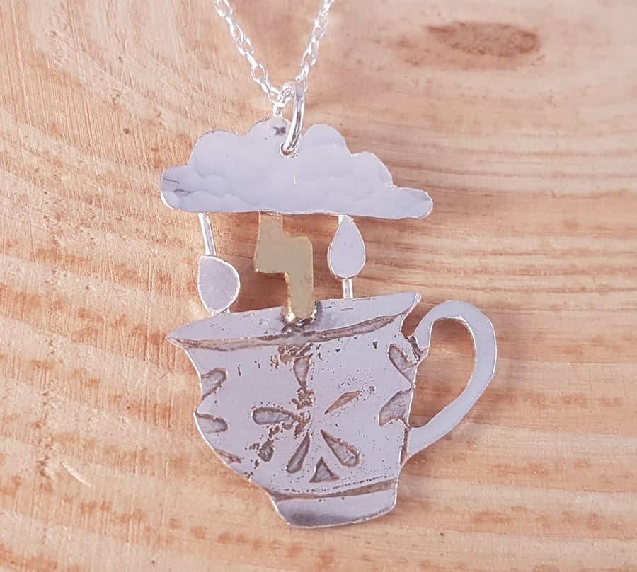 Sterling Silver and Brass Etched Storm In A Teacup Necklace