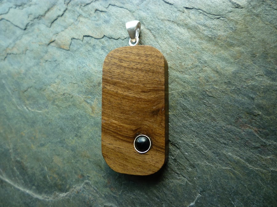 Walnut and Onyx Wood Pendant, silver