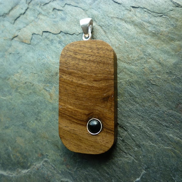 Walnut and Onyx Wood Pendant, silver