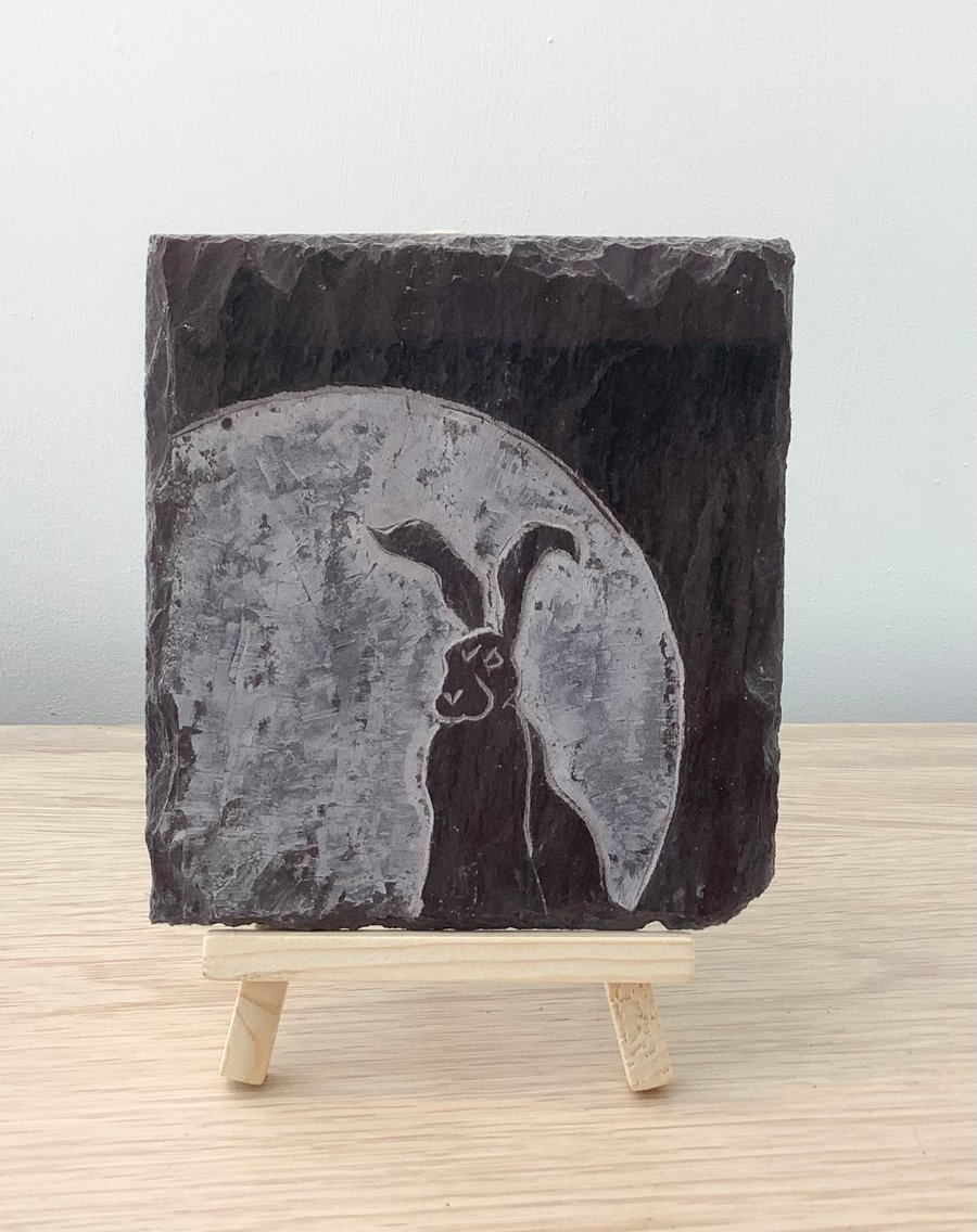 A floppy eared Hare and full moon - original art hand carved on recycled slate
