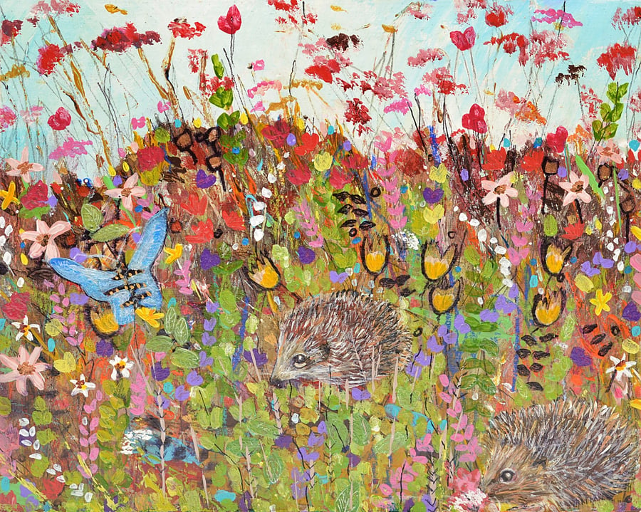 Original Painting of Hedgehogs and a Butterfly (10 x 8 inches. Ready to Hang)