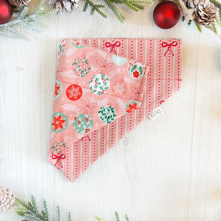 Christmas Dog Bandana - Handmade Fully Reversible Pink Baubles and Bows