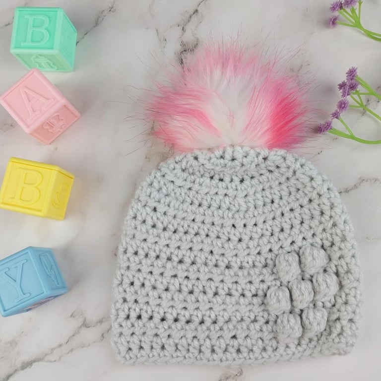 Grey Crochet Baby Hat, Newborn Beanie with Pink Faux Fur Pom Pom
