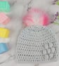 Grey Crochet Baby Hat, Newborn Beanie with Pink Faux Fur Pom Pom - Image 1