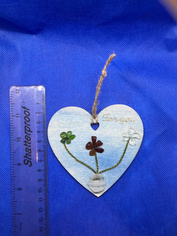 Wooden heart 'for you' sea glass flowers.