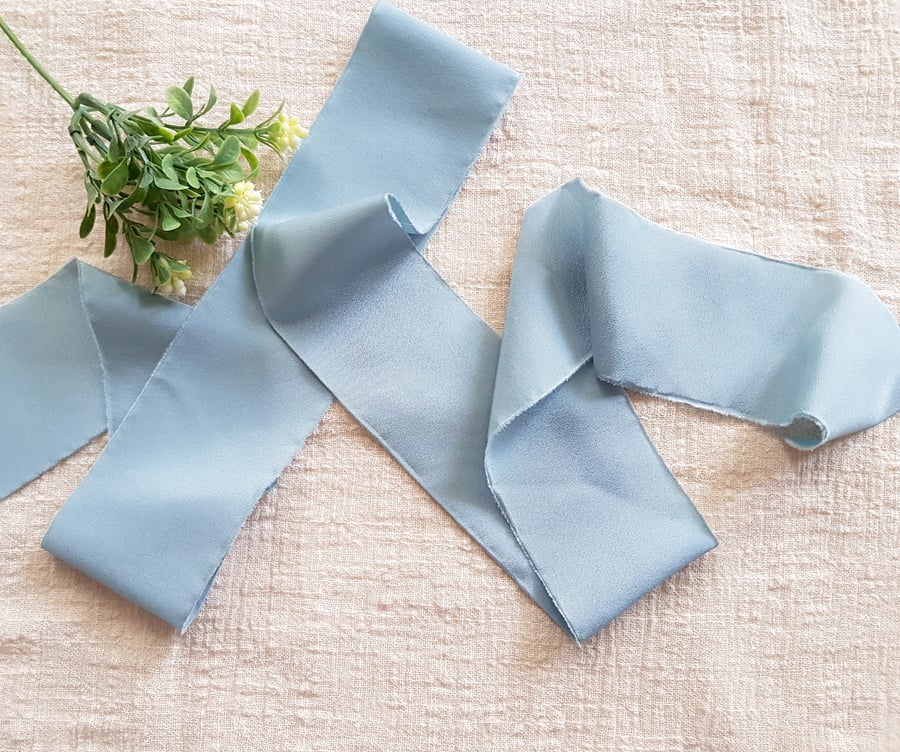 Duck egg blue 100% silk crepe de chine ribbon with raw edge