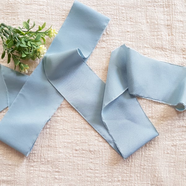 Duck egg blue 100% silk crepe de chine ribbon with raw edge