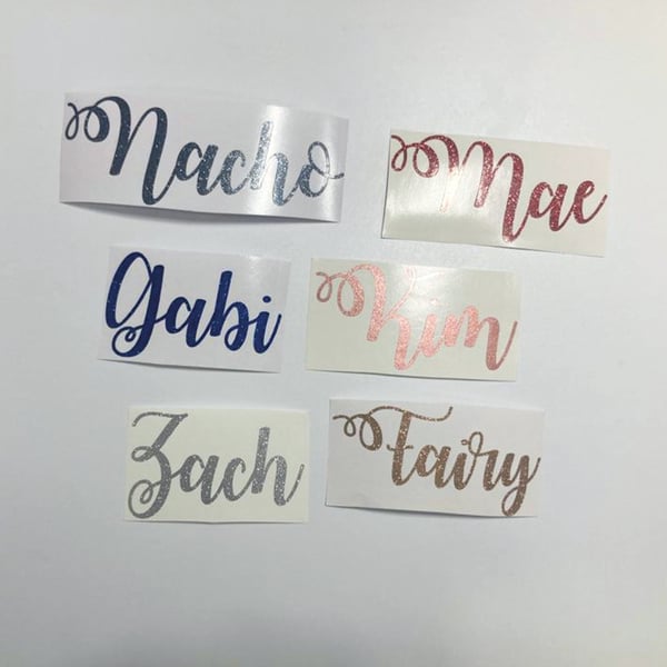 Personalised Multiple Colour and sizes Curly Glitter Name Vinyl Wedding Sticker 