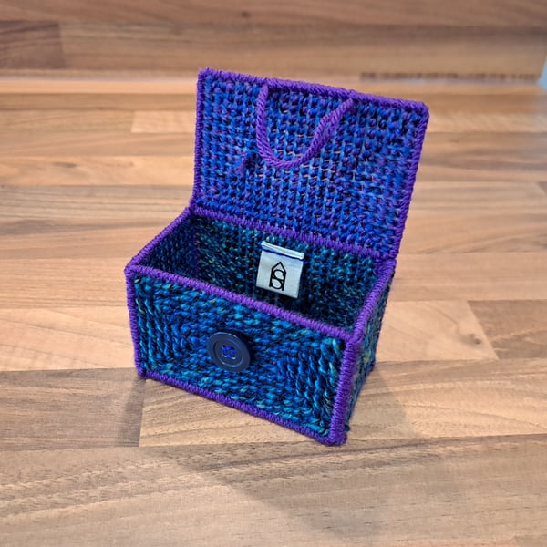 Business card holder - button closure with purple, blue, and green pattern