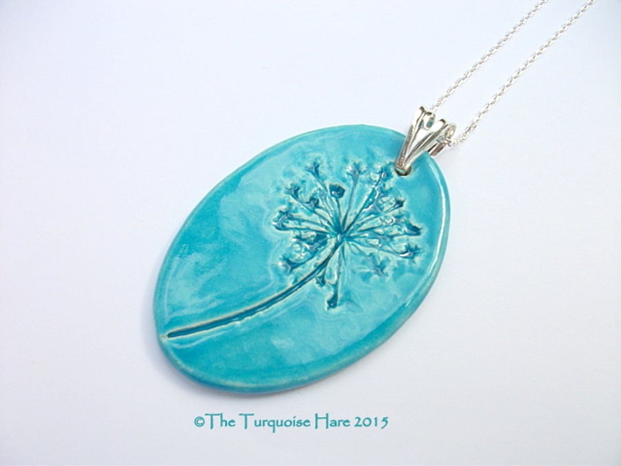 Ceramic Turquoise Pendant - impressed with Queen Anne Lace - Sterling Silver
