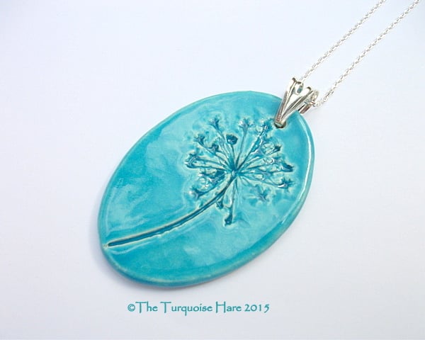 Ceramic Turquoise Pendant - impressed with Queen Anne Lace - Sterling Silver