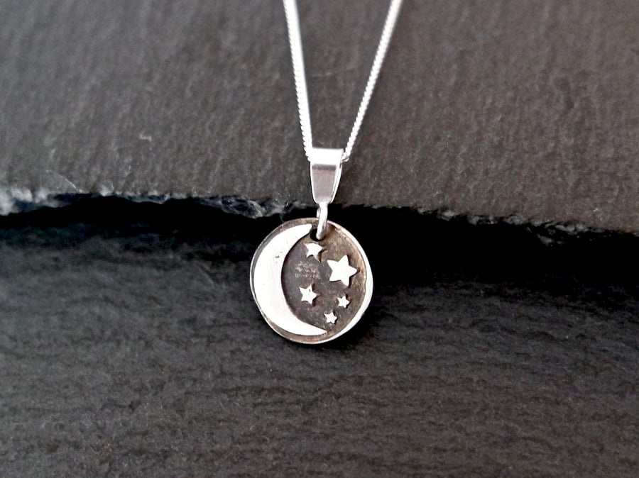 Moon and Stars Silver Necklace - Silver Clay 925 Sterling Silver night sky celes