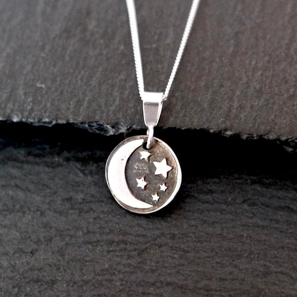 Moon and Stars Silver Necklace - Silver Clay 925 Sterling Silver night sky celes