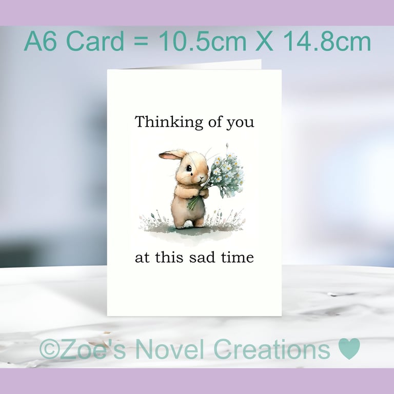 Bereavement Greetings Card, portrait card, rabbit A6 10.5cm x 14.8cm
