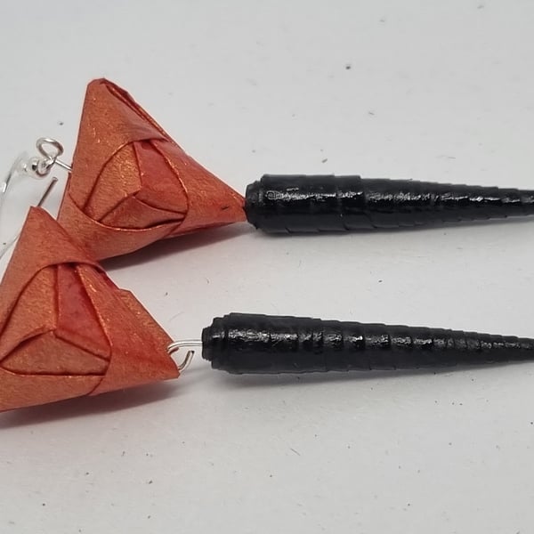 Coppery-orange pearlescent and black paper earrings 
