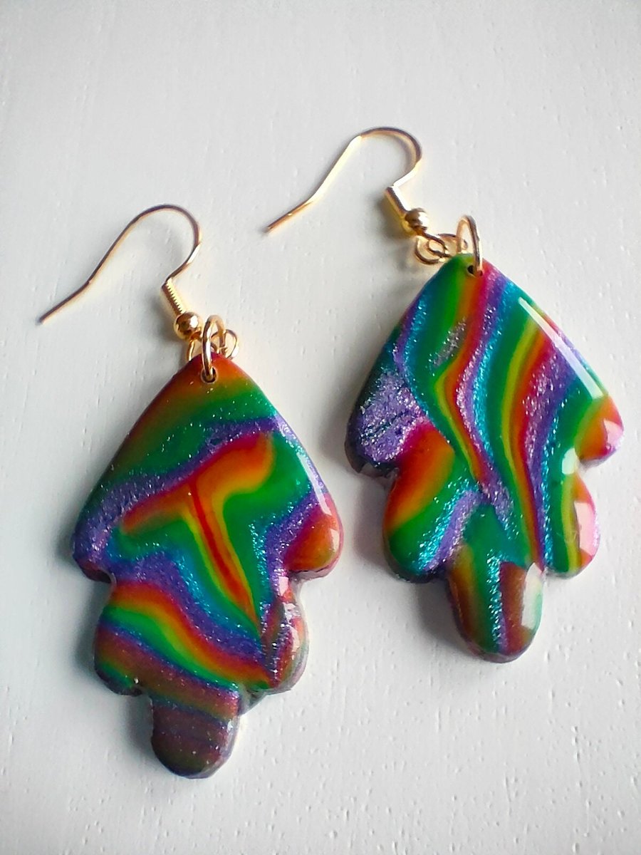 Dark Psychedelic Leaf Shaped Rainbow Earring Drops