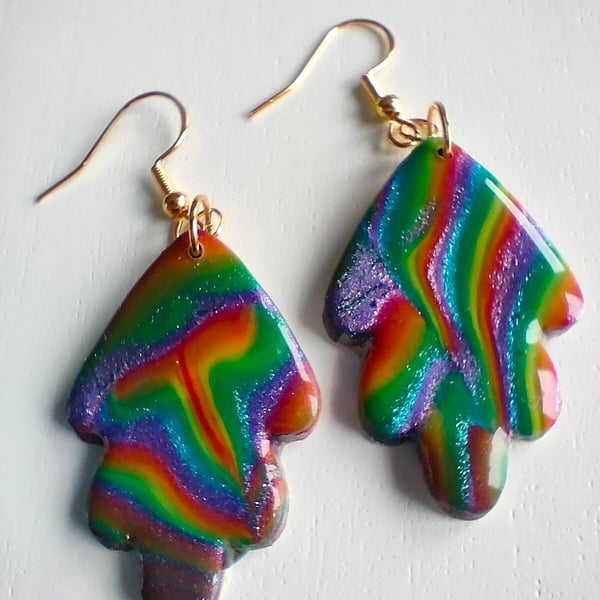 Dark Psychedelic Leaf Shaped Rainbow Earring Drops