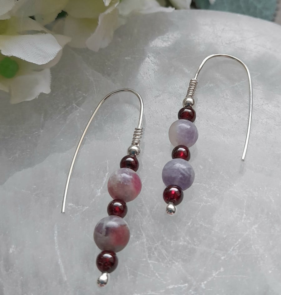   Argentium Silver Earrings With Plum Blossom Tourmaline and Garnet 