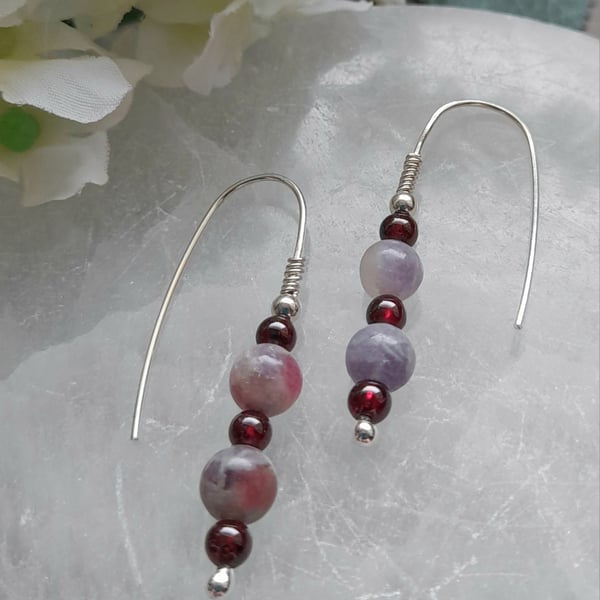   Argentium Silver Earrings With Plum Blossom Tourmaline and Garnet 
