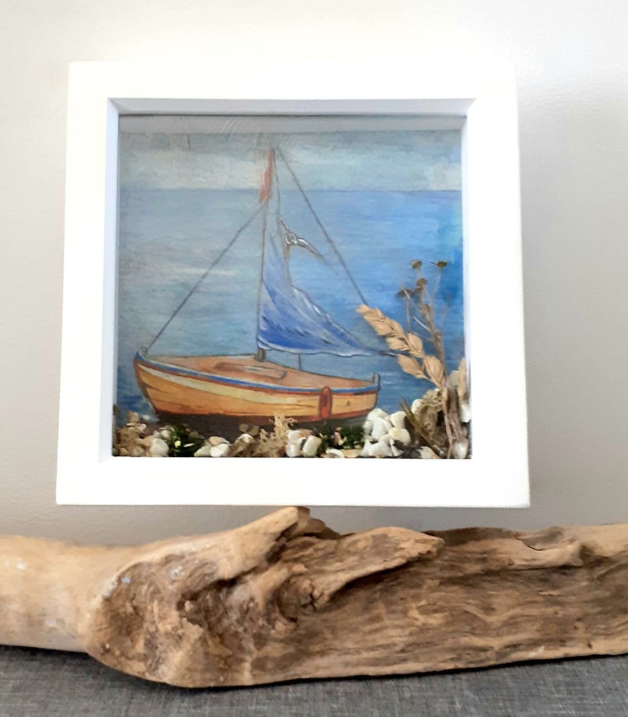 Framed Decoupaged Sailing Boat embellished with Cornish beach finds 